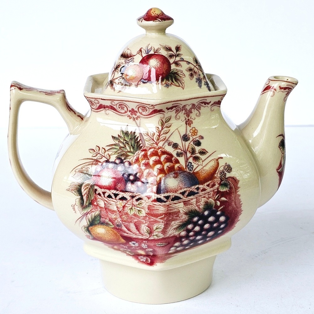 Vintage Fruit Basket Ceramic Teapot Cream Red Cottagecore English Victorian
